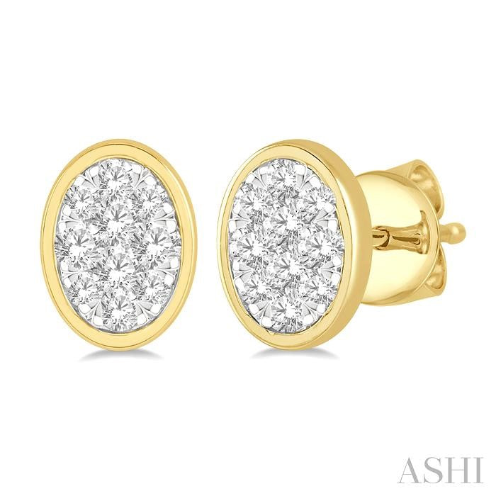 1/3 Ctw Oval Shape Lovebright Round Cut Diamond Bezel Stud Earring in 14K Yellow and White Gold
