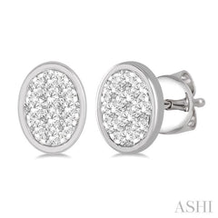 1/3 Ctw Oval Shape Lovebright Round Cut Diamond Bezel Stud Earring in 14K White Gold
