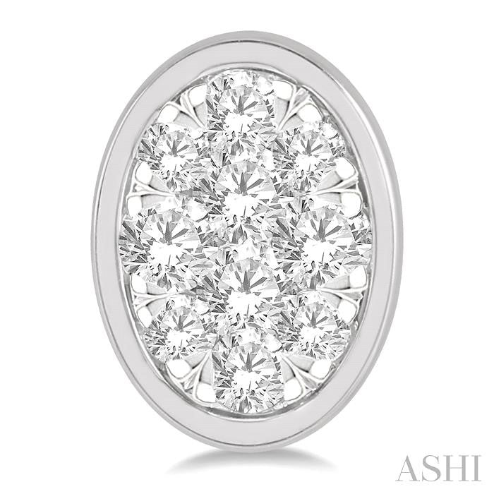 1/3 Ctw Oval Shape Lovebright Round Cut Diamond Bezel Stud Earring in 14K White Gold