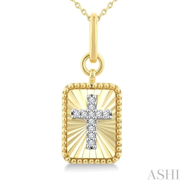 1/20 Ctw Latin Cross Round Cut Diamond Rectangular Fluted Medallion Fashion Pendant With Chain in 10K Yellow and White Gold
