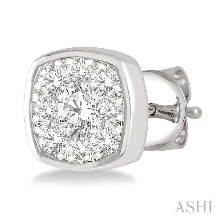 1/2 Ctw Cushion Shape Round Cut Diamond Lovebright Bezel Stud Earring in 14K White Gold