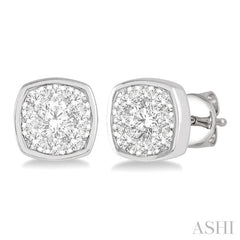 1/2 Ctw Cushion Shape Round Cut Diamond Lovebright Bezel Stud Earring in 14K White Gold