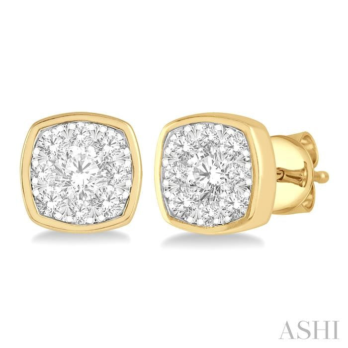 1/2 Ctw Cushion Shape Round Cut Diamond Lovebright Bezel Stud Earring in 14K Yellow and White Gold