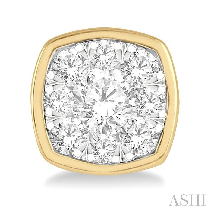 1/2 Ctw Cushion Shape Round Cut Diamond Lovebright Bezel Stud Earring in 14K Yellow and White Gold