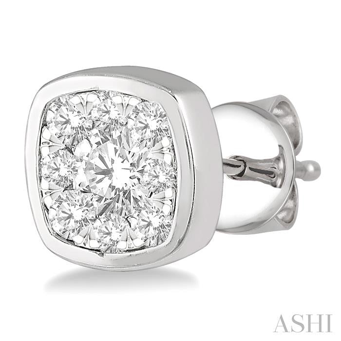 1/3 Ctw Cushion Shape Round Cut Diamond Lovebright Bezel Stud Earring in 14K White Gold