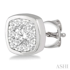 1/3 Ctw Cushion Shape Round Cut Diamond Lovebright Bezel Stud Earring in 14K White Gold