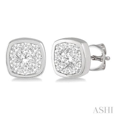 1/3 Ctw Cushion Shape Round Cut Diamond Lovebright Bezel Stud Earring in 14K White Gold