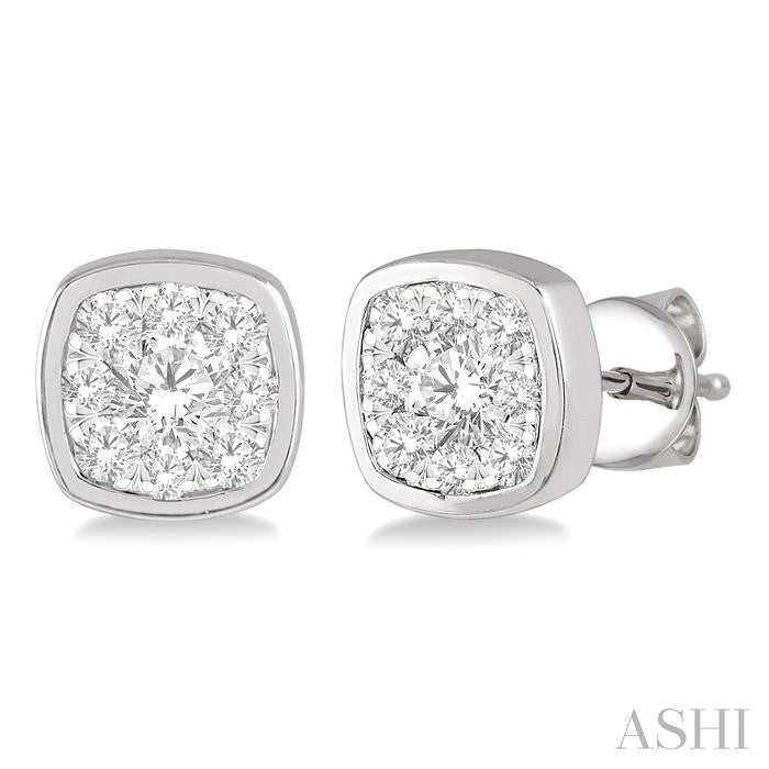 1/3 Ctw Cushion Shape Round Cut Diamond Lovebright Bezel Stud Earring in 14K White Gold
