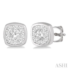 1/3 Ctw Cushion Shape Round Cut Diamond Lovebright Bezel Stud Earring in 14K White Gold