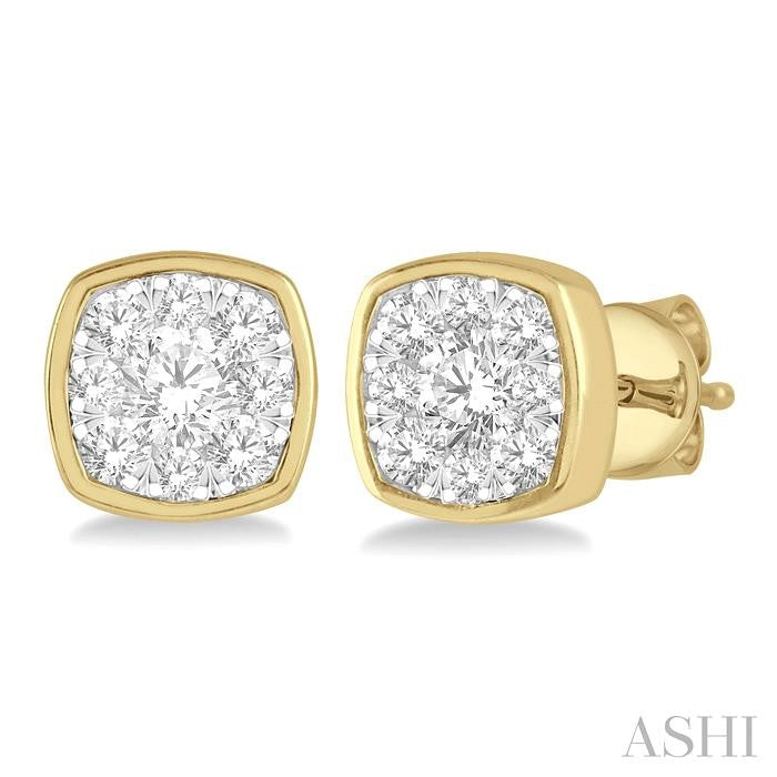 1/3 Ctw Cushion Shape Round Cut Diamond Lovebright Bezel Stud Earring in 14K Yellow and White Gold
