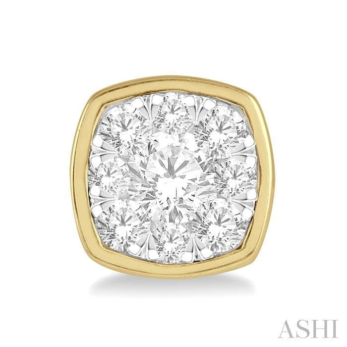 1/3 Ctw Cushion Shape Round Cut Diamond Lovebright Bezel Stud Earring in 14K Yellow and White Gold
