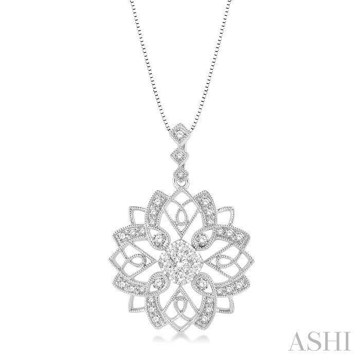 5/8 Ctw Floral Lattice Cushion Shape Center Lovebright Round Cut Diamond Pendant With Chain in 14K White Gold