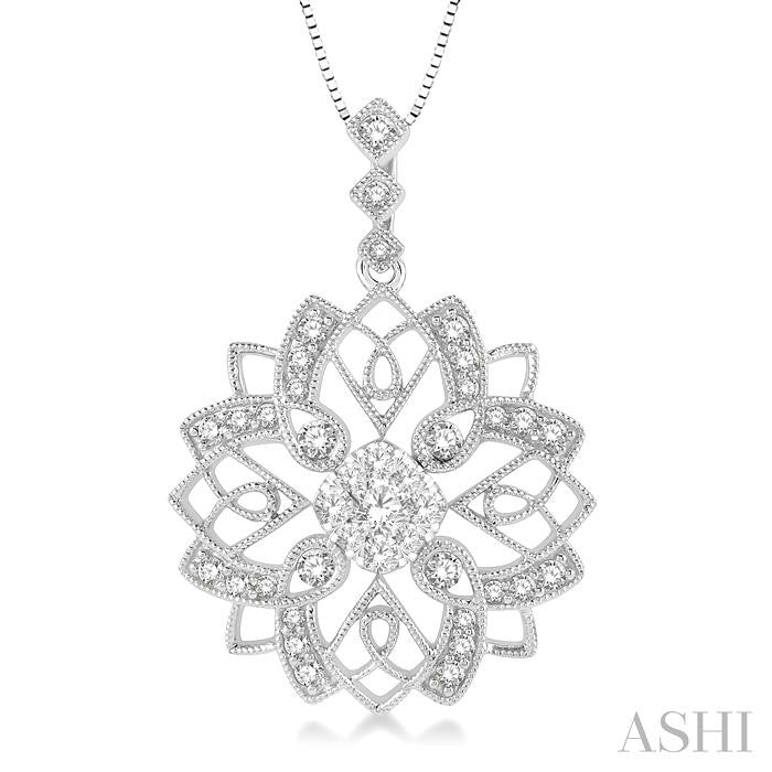 5/8 Ctw Floral Lattice Cushion Shape Center Lovebright Round Cut Diamond Pendant With Chain in 14K White Gold