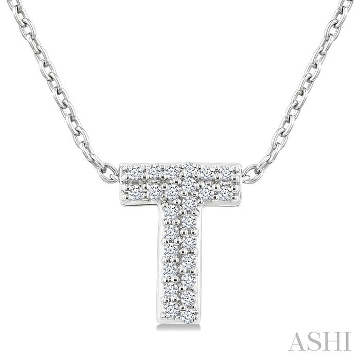1/10 Ctw Initial 'T' Round Cut Diamond Fashion Pendant With Chain in 10K White Gold