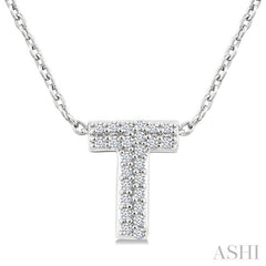 1/10 Ctw Initial 'T' Round Cut Diamond Fashion Pendant With Chain in 10K White Gold