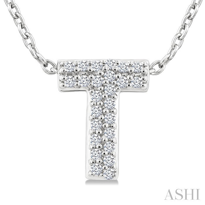 1/10 Ctw Initial 'T' Round Cut Diamond Fashion Pendant With Chain in 10K White Gold