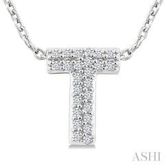 1/10 Ctw Initial 'T' Round Cut Diamond Fashion Pendant With Chain in 10K White Gold