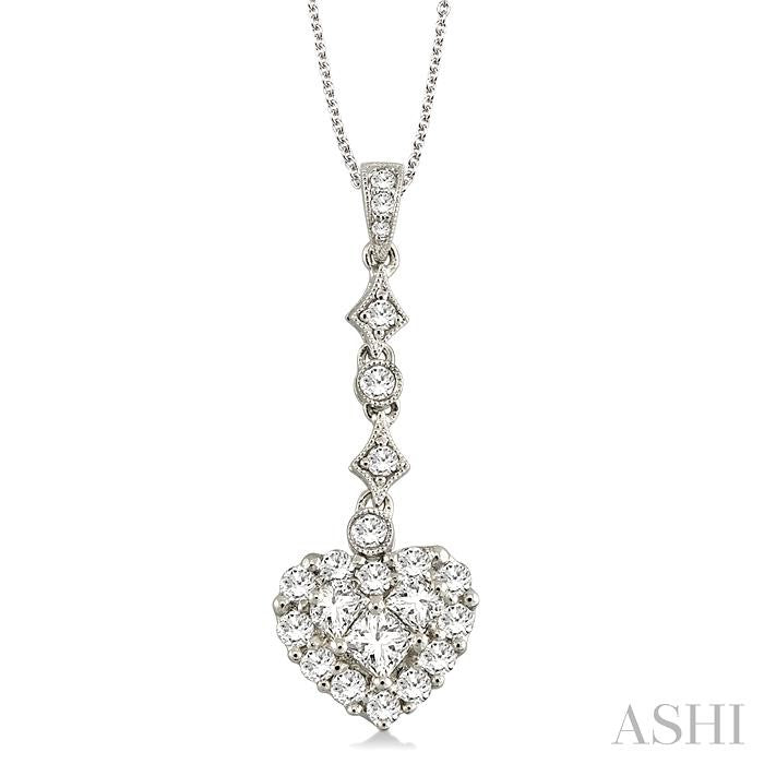 1 Ctw Hanging Heart Round Cut Diamond Pendant With Chain in 18K White Gold