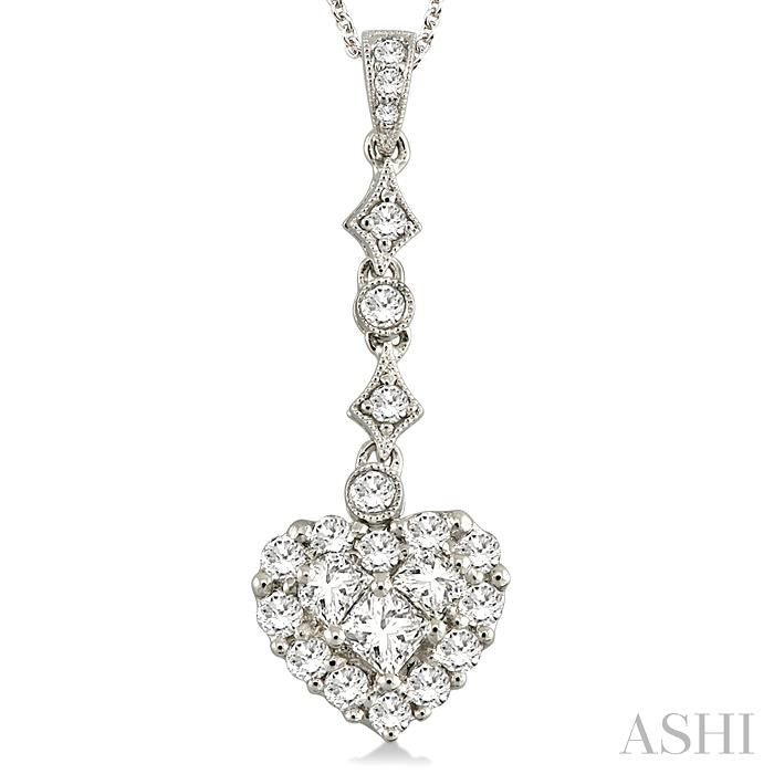 1 Ctw Hanging Heart Round Cut Diamond Pendant With Chain in 18K White Gold