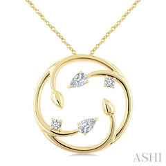 1/4 Ctw Branched Leaf Pear and Round Cut Diamond Circle Fashion Pendant With Chain in 14K Yellow Gold