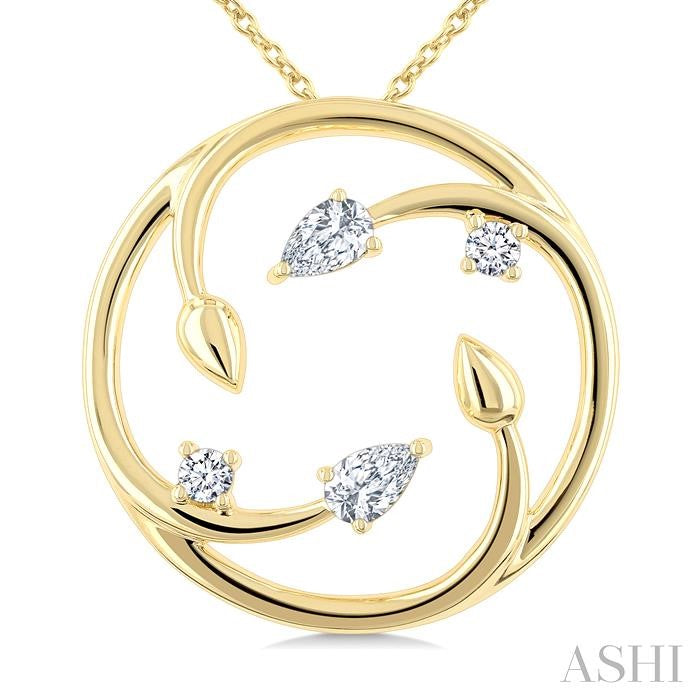 1/4 Ctw Branched Leaf Pear and Round Cut Diamond Circle Fashion Pendant With Chain in 14K Yellow Gold