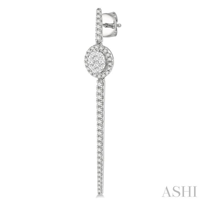 1 Ctw Oval Shape Accent Lovebright Round Cut Diamond Long Earring in 14K White Gold
