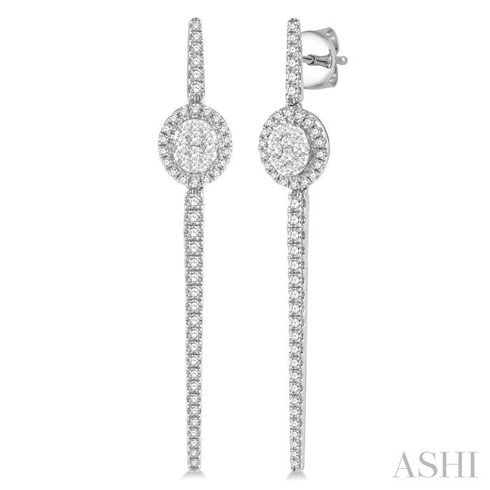 1 Ctw Oval Shape Accent Lovebright Round Cut Diamond Long Earring in 14K White Gold