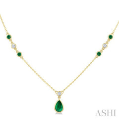6X4 MM & 2 MM Pear and Round Shape Emerald and 1/6 Ctw Round Cut Diamond Drop Necklace in 14K Yellow Gold
