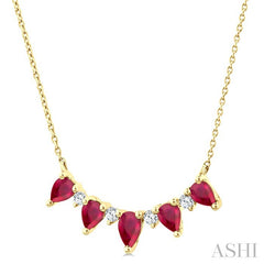 5x3 MM & 4x3 MM Pear Cut Ruby and 1/8 Ctw Round Cut Diamond Precious Necklace in 14K Yellow Gold