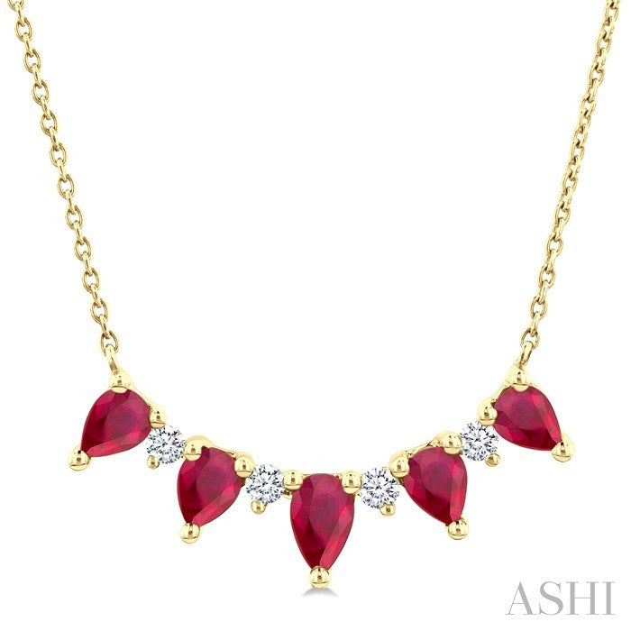 5x3 MM & 4x3 MM Pear Cut Ruby and 1/8 Ctw Round Cut Diamond Precious Necklace in 14K Yellow Gold