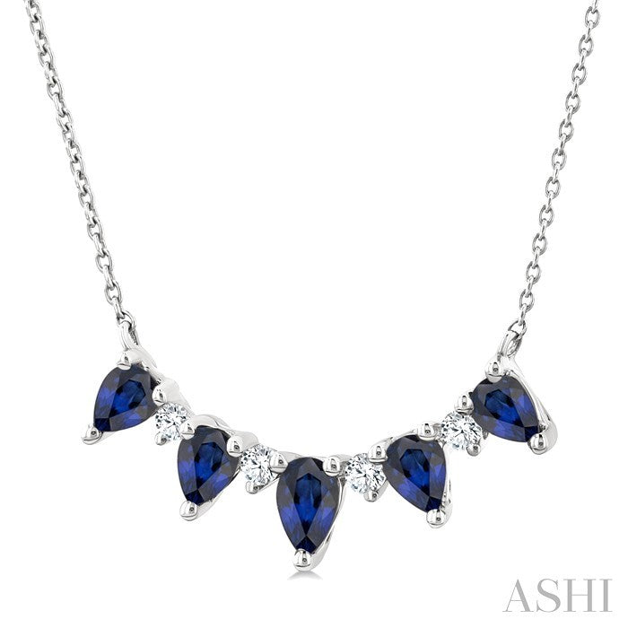 5x3 MM & 4x3 MM Pear Cut Sapphire and 1/8 Ctw Round Cut Diamond Precious Necklace in 14K White Gold