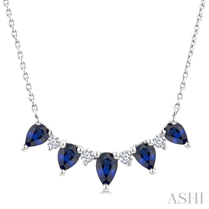 5x3 MM & 4x3 MM Pear Cut Sapphire and 1/8 Ctw Round Cut Diamond Precious Necklace in 14K White Gold
