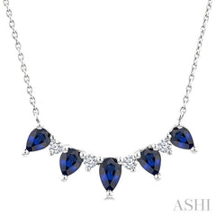 5x3 MM & 4x3 MM Pear Cut Sapphire and 1/8 Ctw Round Cut Diamond Precious Necklace in 14K White Gold