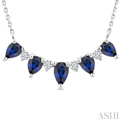 5x3 MM & 4x3 MM Pear Cut Sapphire and 1/8 Ctw Round Cut Diamond Precious Necklace in 14K White Gold