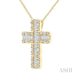 1 Ctw Fusion Baguette and Round Cut Diamond Cross Fashion Pendant With Chain in 14K Yellow Gold