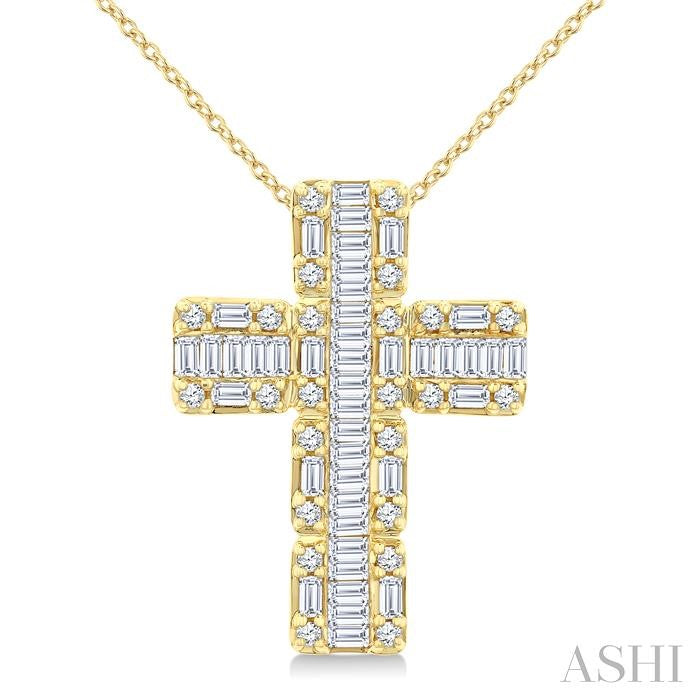 1 Ctw Fusion Baguette and Round Cut Diamond Cross Fashion Pendant With Chain in 14K Yellow Gold