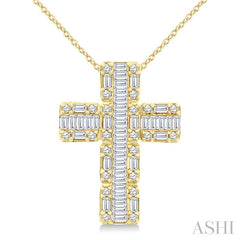 1 Ctw Fusion Baguette and Round Cut Diamond Cross Fashion Pendant With Chain in 14K Yellow Gold