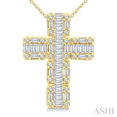 1 Ctw Fusion Baguette and Round Cut Diamond Cross Fashion Pendant With Chain in 14K Yellow Gold