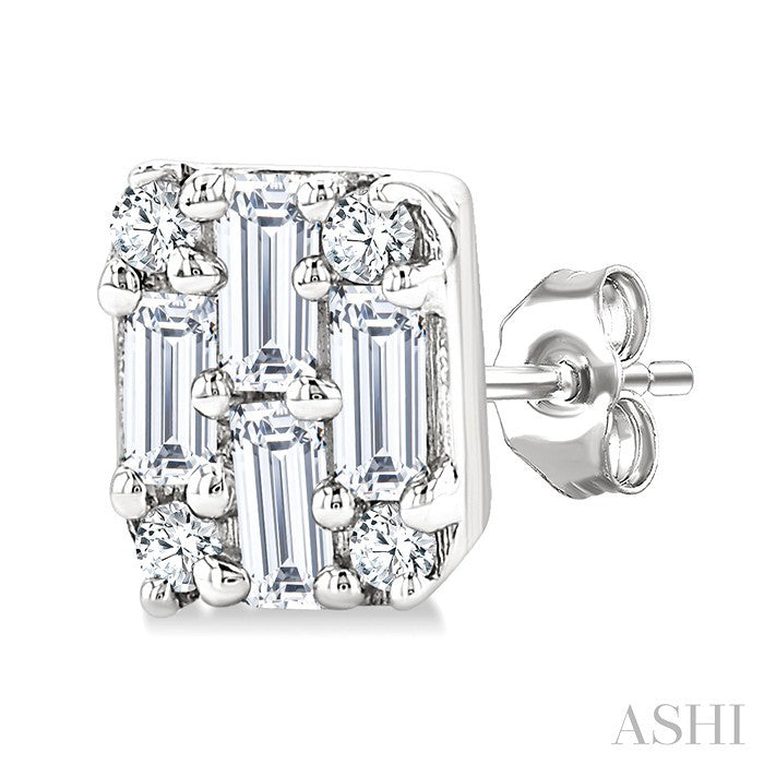1/3 Ctw Fusion Baguette and Round Cut Diamond Stud Earring in 14K White Gold