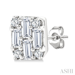 1/3 Ctw Fusion Baguette and Round Cut Diamond Stud Earring in 14K White Gold