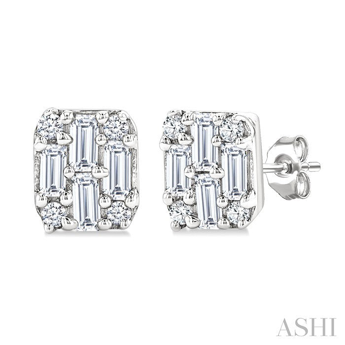 1/3 Ctw Fusion Baguette and Round Cut Diamond Stud Earring in 14K White Gold
