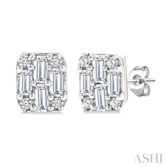 1/3 Ctw Fusion Baguette and Round Cut Diamond Stud Earring in 14K White Gold