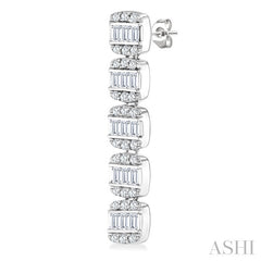 1/2 Ctw Fusion Baguette and Round Cut Diamond Long Fashion Earrings in 14K White Gold