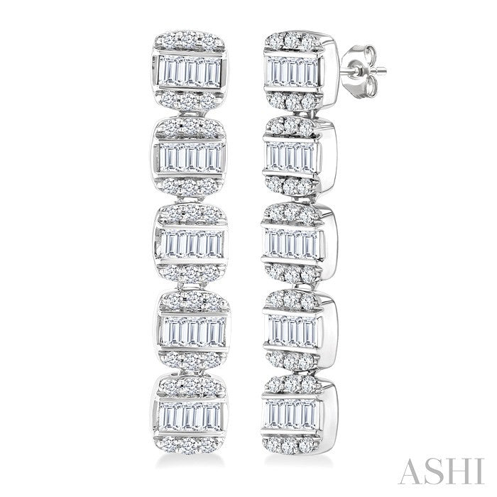 1/2 Ctw Fusion Baguette and Round Cut Diamond Long Fashion Earrings in 14K White Gold