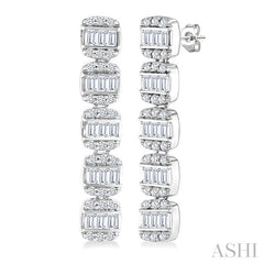 1/2 Ctw Fusion Baguette and Round Cut Diamond Long Fashion Earrings in 14K White Gold