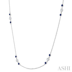 2.25 MM Sapphire and 1/2 Ctw Round Cut Diamond Precious Station Necklace in 14K White Gold