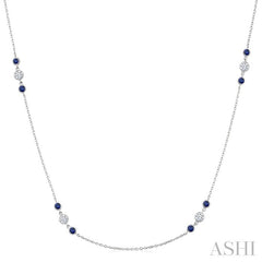 2.25 MM Sapphire and 1/2 Ctw Round Cut Diamond Precious Station Necklace in 14K White Gold