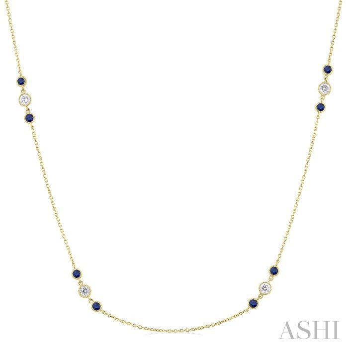 2.25 MM Sapphire and 1/2 Ctw Round Cut Diamond Precious Station Necklace in 14K Yellow Gold