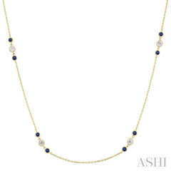 2.25 MM Sapphire and 1/2 Ctw Round Cut Diamond Precious Station Necklace in 14K Yellow Gold