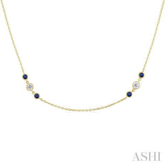 2.25 MM Sapphire and 1/2 Ctw Round Cut Diamond Precious Station Necklace in 14K Yellow Gold